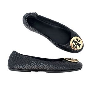 Tory Burch Black/Gold Quilted Minnie Flats 9.5